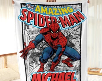 Manta personalizada de Spider-Man con nombre, manta personalizada con la portada del cómic Amazing Spider-Man, manta polar retro vintage de Marvel, regalo para niños, decoración para fans de Marvel.