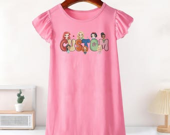 Vestido personalizado de princesa Disney con volantes, falda de verano para niña pequeña para cumpleaños de Disney, conjunto de Ariel, Bella y Cenicienta con lazo.