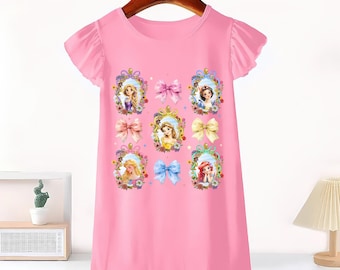 Retro Coquette Bows Watercolor Disney Princess Ruffle Dress, Disney Castle Dress, Disneyland Princess Gift, Birthday Gift