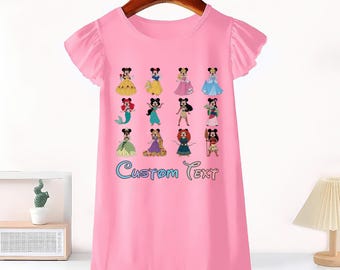 Disney Princess Characters Ruffle Dress,Disney Birthday Girl Toddler Summer Vacation Skirt Gear, Ariel Belle Cinderella Bow Outfit.