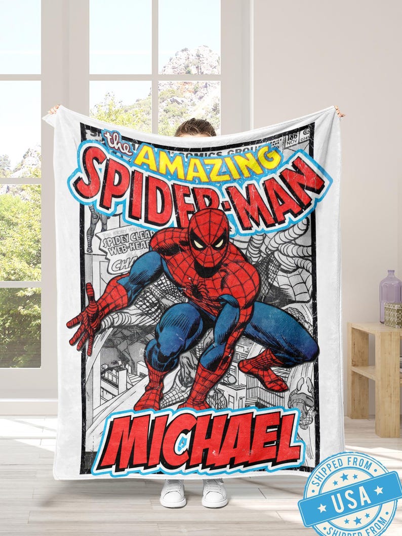Custom Name Spider-Man Blanket, Personalized Amazing Spider-Man Comic Cover Throw, Vintage Marvel Retro Fleece, Kids Gift, Marvel Fan Decor image 3