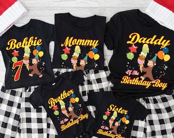 Custom Curious George Birthday Shirt, Personalized Family Matching Tees, Monkey Theme Party Outfits, Birthday Boy Shirt with Name and Age