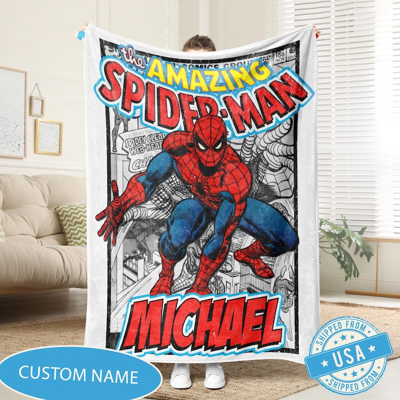 Custom Name Spider-Man Blanket, Personalized Amazing Spider-Man Comic Cover Throw, Vintage Marvel Retro Fleece, Kids Gift, Marvel Fan Decor image 4