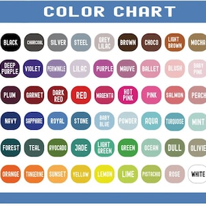 May include: A color chart with a blue header that reads "COLOR CHART." The chart displays a variety of color swatches, each labeled with a color name. Colors include black, silver, red, pink, and green.
