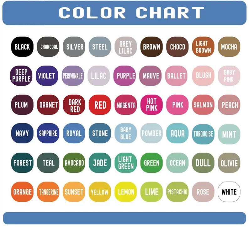 May include: A color chart with a blue header that reads "COLOR CHART." The chart displays a variety of color swatches, each labeled with a color name. Colors include black, silver, red, pink, and green.