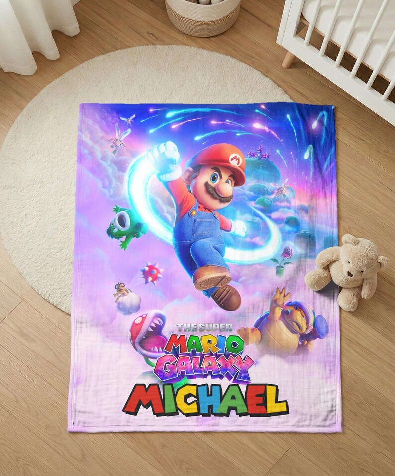 Super Mario Galaxy Movie Poster Blanket, Personalized Mario and Friends Gaming Gift, Custom Mario Throw Blanket, Mario Room Decor image 4