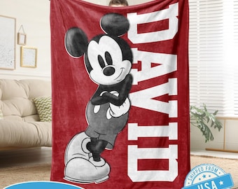 Manta personalizada con nombre de Mickey Mouse de Disney, manta personalizada con nombre de Mickey Mouse, manta de Mickey Minnie, regalo de estilo de dibujos animados para niños y niñas.