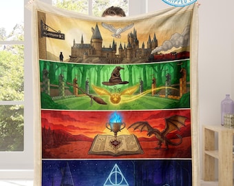 Wizard School Blanket, Magical Academy Timeline Throw, 4 Eras Wizarding World Fleece Blanket, Magic School Home Decor, Gift for Her
