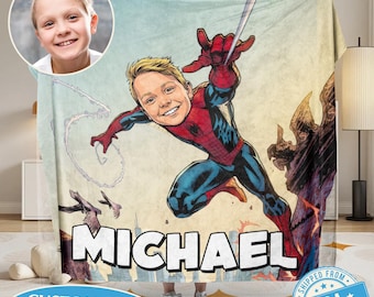 Manta personalizada de Spider-Hero con foto y nombre del niño, diseño de superhéroe personalizado para niños.