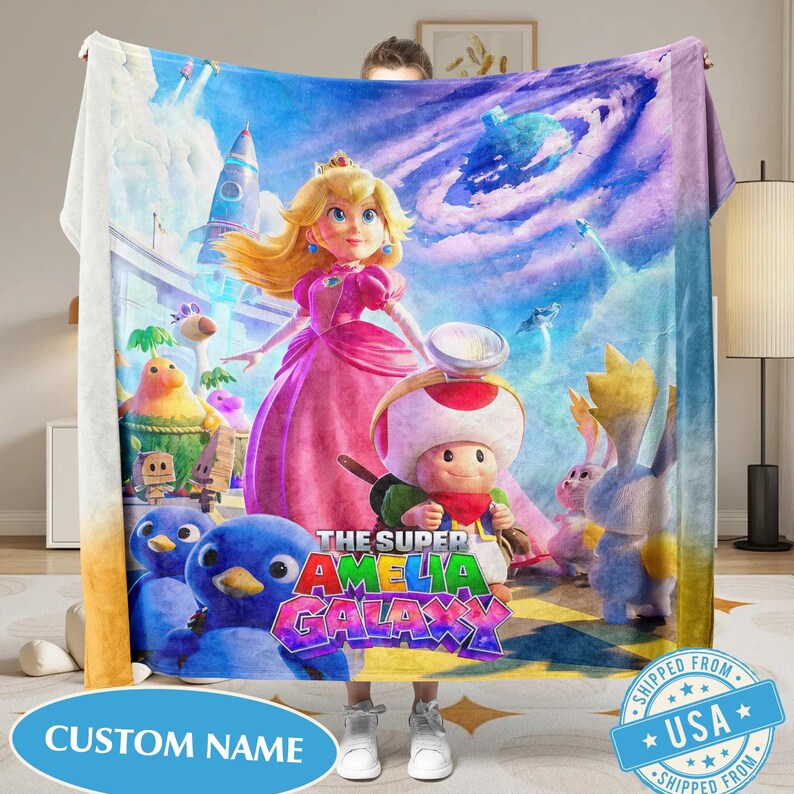 Super Mario Galaxy Movie Poster Blanket, Personalized Mario and Friends Gaming Gift, Custom Mario Throw Blanket, Mario Room Decor Bild 4