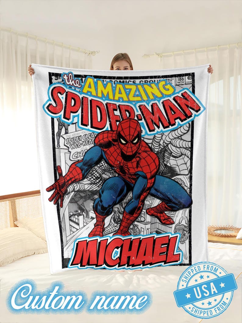 Custom Name Spider-Man Blanket, Personalized Amazing Spider-Man Comic Cover Throw, Vintage Marvel Retro Fleece, Kids Gift, Marvel Fan Decor image 1