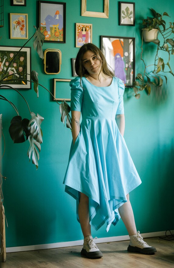 frame asymmetrical dress Bubbles Dress Handmade Cotton Dress with Asymmetrical Hem and Puff Sleeves in Sky Blue