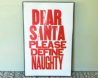 Funny Naughty Santa Poster | Santa Wall Art | Christmas Theme Print | Letterpress Poster | Red Block Typography Sign | Funny Holiday Gift