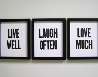 Live Well Laugh Often Love Much | Simple | Minimalist Design | Black and White | Letterpress Block Prints | Poster | Wall Decor | Set of 3