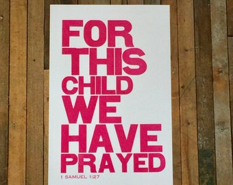 Religious Baby Nursery Art Print, For this Child We have Prayed, Pink Letterpress Poster, Children's Wall Art