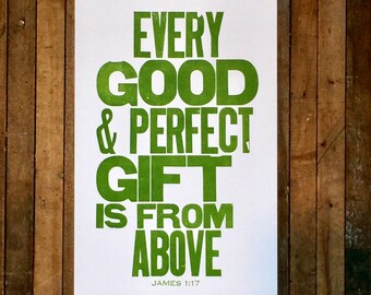 Religious Nursery Art James 1:17 Every Good and Perfect Gift is from Above Letterpress Print Bible Verse Green Wall Art Baby Nursery Sign