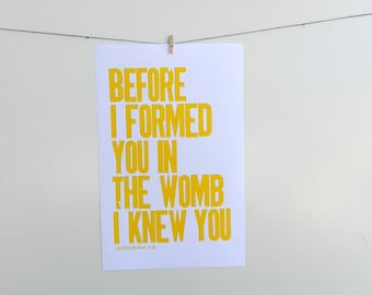 Religious Baby Nursery Poster | Bright Children's Wall Decor | Colorful Art | Before I Formed You in the Womb I Knew | You Letterpress Print