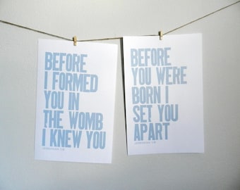 Religious Baby Nursery Decor Posters | Bible Verse Children's Art | Set of 2 | Jeremiah 1:5 | 11x17 Letterpress Prints | Baby Shower Gift