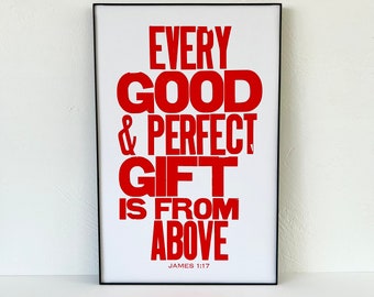 Religious Nursery Art | James 1:17 Bible Verse | Every Good and Perfect Gift is from Above | Letterpress Art | Red Orange Art Baby Children