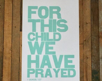 Religious Baby Nursery Decor | Adoption Gift | For this Child We have Prayed | Aqua | Robin Egg Blue | Children's Wall Art | 1 Samuel 1 27