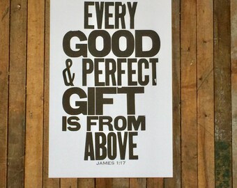Religious Nursery Art James 1:17 Every Good and Perfect Gift is from Above Letterpress Print Bible Verse Black White Art Baby Nursery Sign