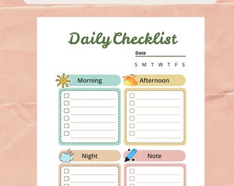 May include: A printable daily checklist with sections for morning, afternoon, night, and notes. The design includes a sun, cloud, and pen icon. The text reads "Daily Checklist" and "Printable | Instant Download | A4 US letter".