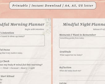 Puede incluir: Una impresión digital de un planificador diario Zen. El planificador incluye secciones para la reflexión matutina y nocturna, con indicaciones para la intención, el enfoque, la gratitud y la reflexión. El texto incluye "DIGITAL PRINTS" y "Printable | Instant Download".