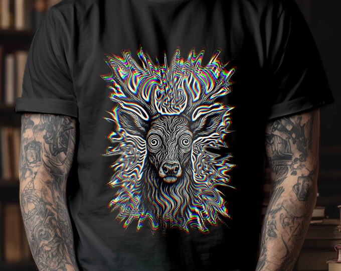 Psychedelic Glitch Art Deer T-Shirt: Rave Festival EDM Design