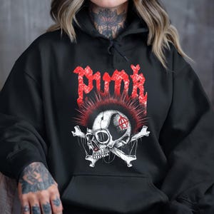 Punk Skull Hoodie, Anarchy Goth Sweatshirt, Alternative Rock Fashion, Mohawk Skull Hoodie, Grunge Streetwear, Rebel Graphic Hoodie