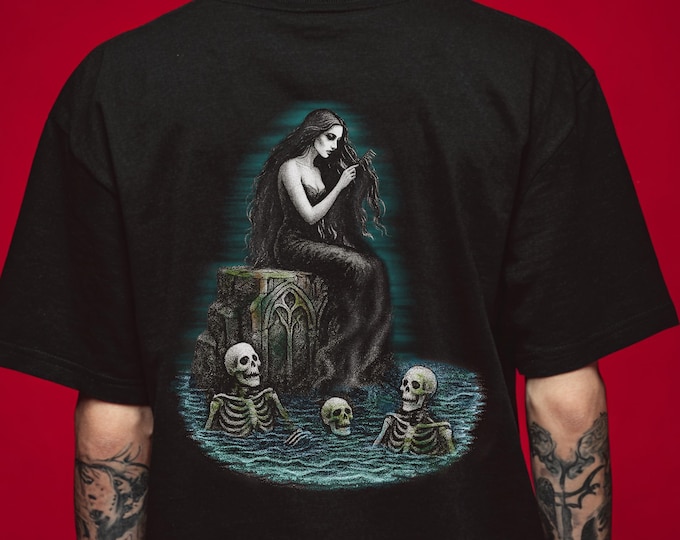 100% Cotton Gothic Lorelei Design with Skeletons: Unisex T-Shirt, Hoodie, Sweatshirt, All Colors, S-3XL
