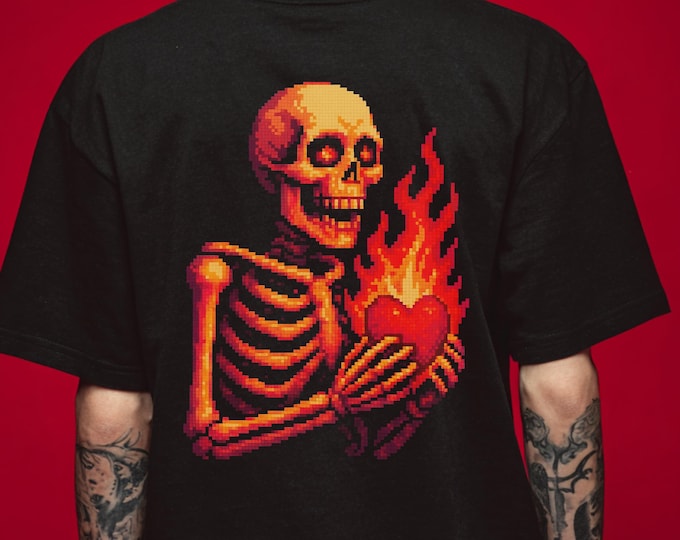 Gothic Pixel Art Passion Skeleton Flame Heart Graphic Tee