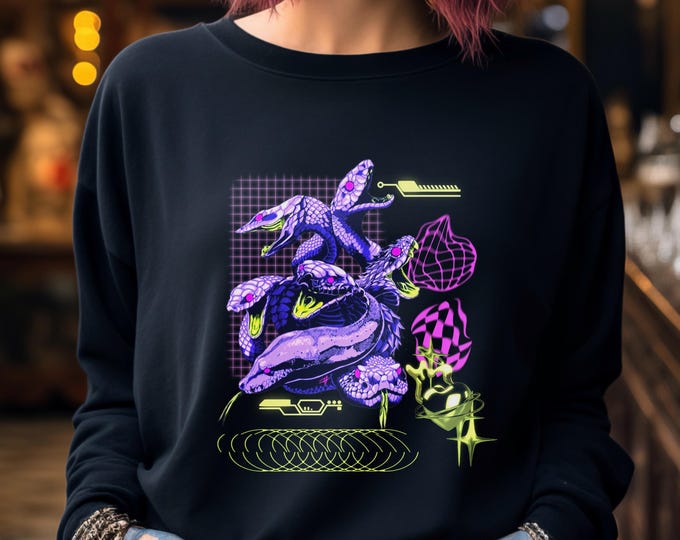 Cyber Snake Long Sleeve: Neon Hydra Rave Top, Y2K Glitchcore Streetwear