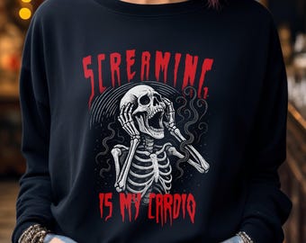 Screaming Is My Cardio T-Shirt: Gothic Skeleton, Dark Humor Halloween Top