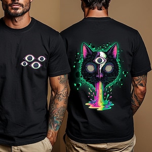 Psychedelic Cat T-Shirt: Trippy Glitchcore Rave Streetwear