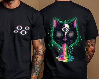 Psychedelic Cat T-Shirt: Trippy Glitchcore Rave Streetwear