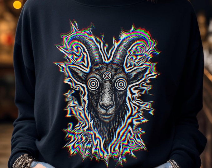 Trippy Goat Glitchcore Rave Top: Psychedelic Third Eye Streetwear