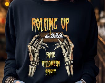 Rolling Up Halloween Spirit T-Shirt Hoodie Sweatshirt, Gothic Skeleton Weed Long Sleeve, Spooky Funny Halloween Streetwear Top