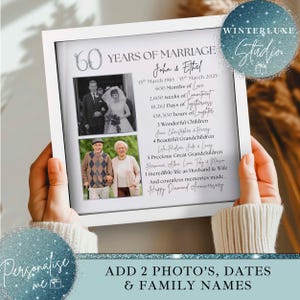 Può includere: Una stampa incorniciata che celebra il 60° anniversario di matrimonio, con due foto, nomi e date. Il testo include "60 anni di matrimonio", "Felice anniversario di diamante" e altri dettagli sulla vita della coppia.