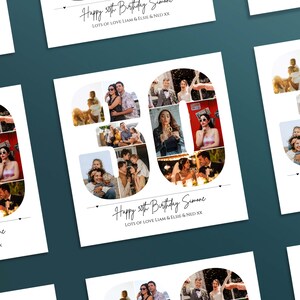 May include: A square photo collage print shaped as the number 30, featuring various candid images of people. Below the number, the text reads Happy 30th Birthday Simone, followed by the smaller text, LOTS OF LOVE LIAM & ELSIE & NED XX.