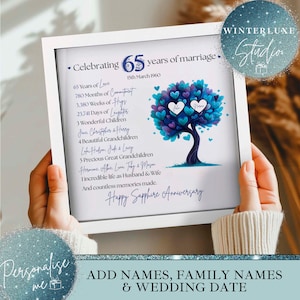 Personalised 65th Wedding anniversary Gift Family tree framed print Blue Sapphire wedding anniversary gift Custom anniversary milestone gift