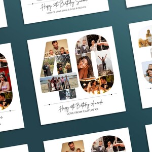 Peut inclure: Une impression photo rectangulaire blanche en forme de collage affichant le nombre 40 compos&eacute; de plusieurs photos personnelles. Sous le nombre, le texte indique Happy 40th Birthday Amanda, Love from Caitlin XX. Le design inclut diverses images.