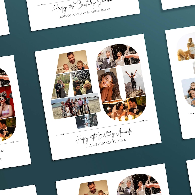 Peut inclure: Une impression photo rectangulaire blanche en forme de collage affichant le nombre 40 compos&eacute; de plusieurs photos personnelles. Sous le nombre, le texte indique Happy 40th Birthday Amanda, Love from Caitlin XX. Le design inclut diverses images.