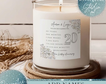Set de regalo de vela personalizada para el 20.º aniversario de bodas, aniversario de platino, vela para el 20.º aniversario, recuerdo del 20.º aniversario para mamá y papá