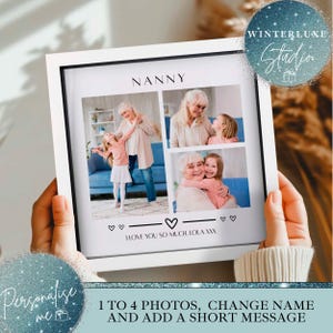Puede incluir: Un collage de fotos enmarcado en blanco con cuatro imágenes de una abuela y su nieta. La palabra "NANNY" está en la parte superior. El texto "I LOVE YOU SO MUCH LOLA XXX" está en la parte inferior. La imagen está sostenida por manos.