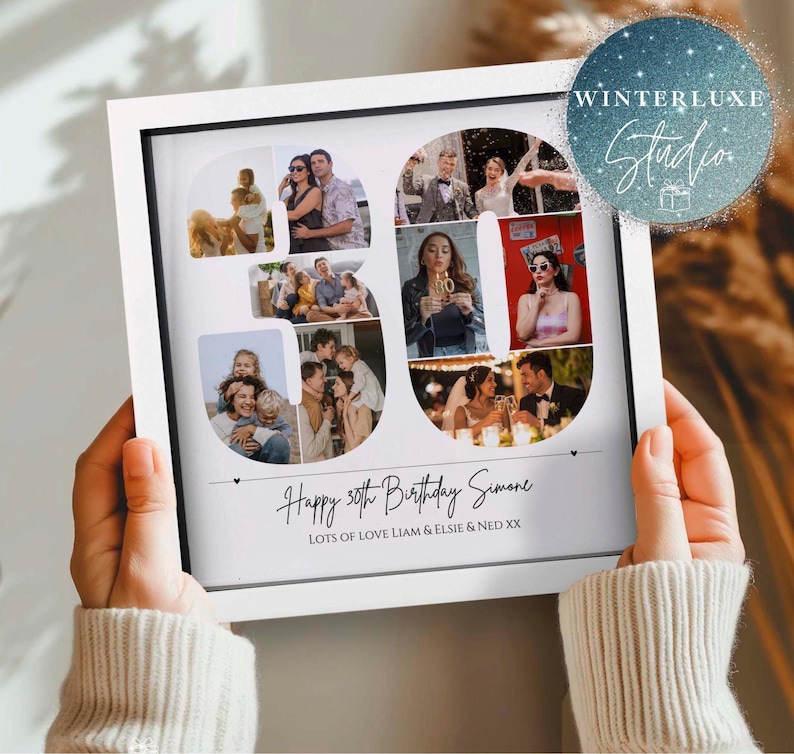 May include: A white square framed photo collage featuring multiple candid pictures arranged to form the number 30. Below the photos, the text reads Happy 30th Birthday Simone and LOTS OF LOVE LIAM & ELSIE & NED XX in black script and print.