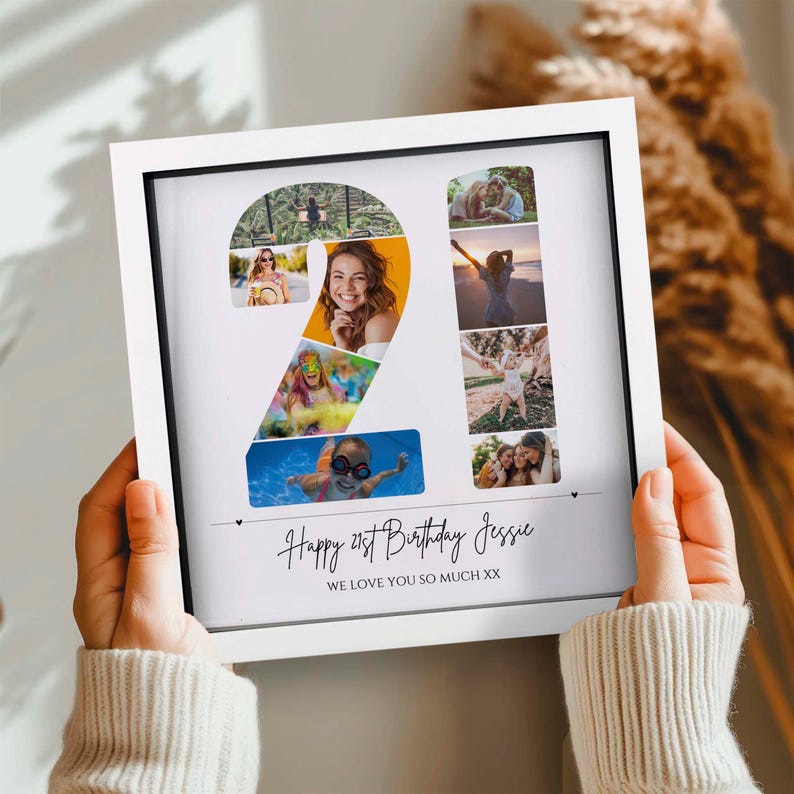 May include: A square white framed photo collage featuring multiple images arranged to form the number 21. The text below the collage reads Happy 21st Birthday Jessie WE LOVE YOU SO MUCH XX. The design is printed on a white background.