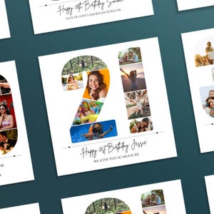 May include: A square birthday card featuring a large number 21 composed of multiple small photographs of a person. Below the number, the text reads Happy 21st Birthday Jessie, followed by the phrase WE LOVE YOU SO MUCH XX in black ink.