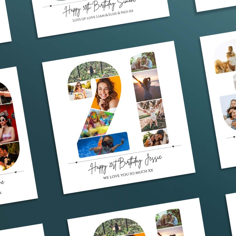 May include: A square birthday card featuring a large number 21 composed of multiple small photographs of a person. Below the number, the text reads Happy 21st Birthday Jessie, followed by the phrase WE LOVE YOU SO MUCH XX in black ink.