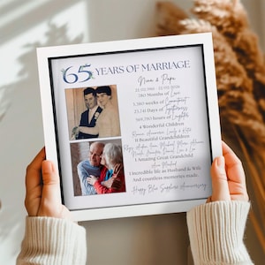 Puede incluir: Un marco blanco con una impresión que celebra 65 años de matrimonio. La impresión incluye dos fotos en blanco y negro, texto y las palabras "65 años de matrimonio". El texto incluye fechas, meses de amor, semanas de compromiso y nombres.