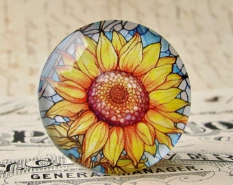 Sunflower cabochon, handmade glass cabochon, 25mm round, Fabulous Florals, 1 inch bottle cap size